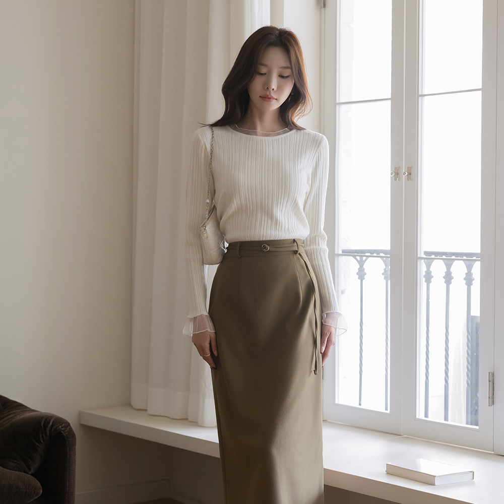 Wool Back Banding H-line Long Skirt(+Belt)
