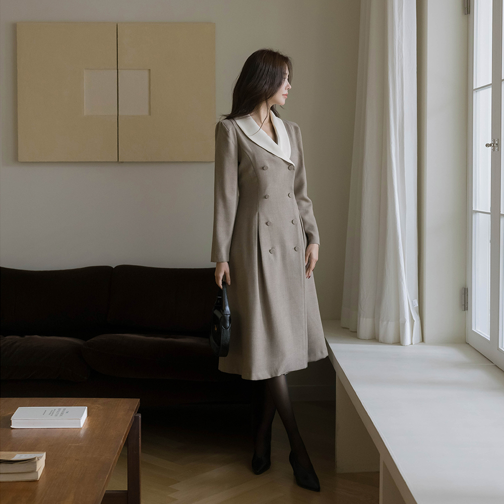 Shawl Collar Double-button A-line Wool Dress(+Belt)