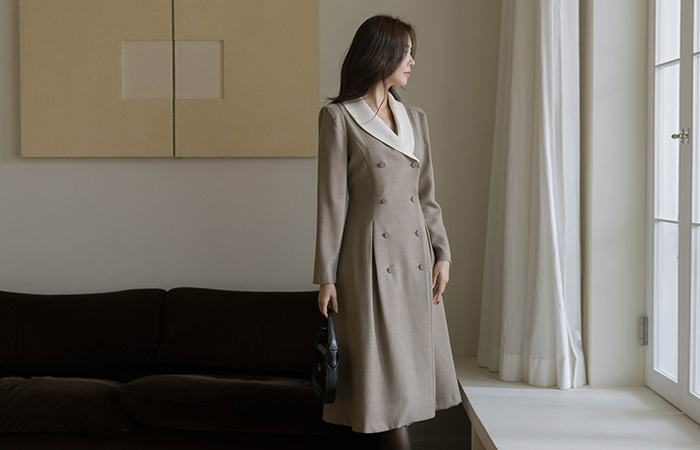 Shawl Collar Double-button A-line Wool Dress(+Belt)