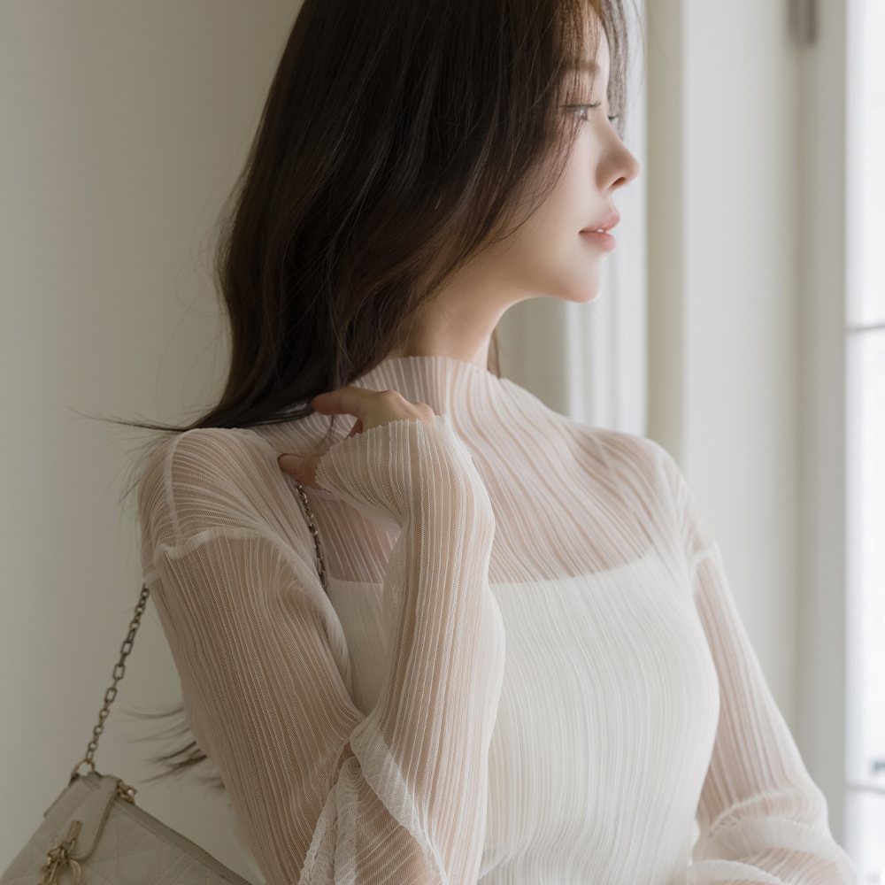 Half-Highneck Pleats See-through Blouse