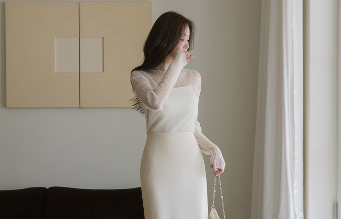 Half-Highneck Pleats See-through Blouse