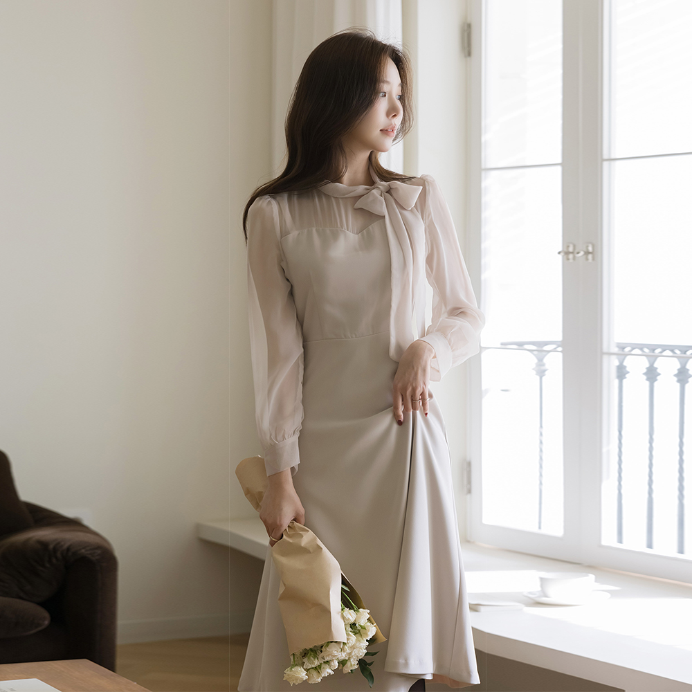 Ribbon neckline See-through Color Combination A-line Dress