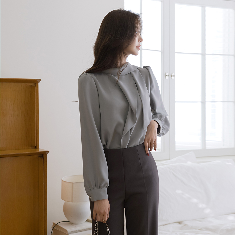 ODE Tie Neck Frill Long-sleeve Blouse