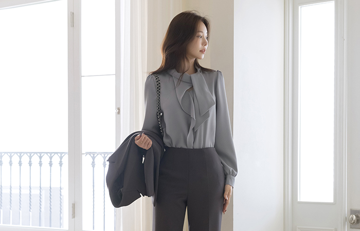 ODE Tie Neck Frill Long-sleeve Blouse