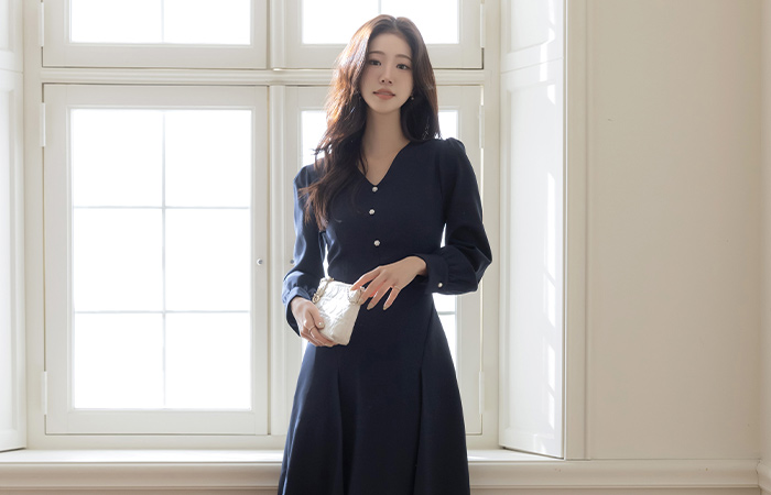 V-neck Flower Pearl A-line Dress