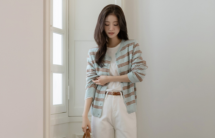 Mohair&Wool Stripe Punching Knit Cardigan