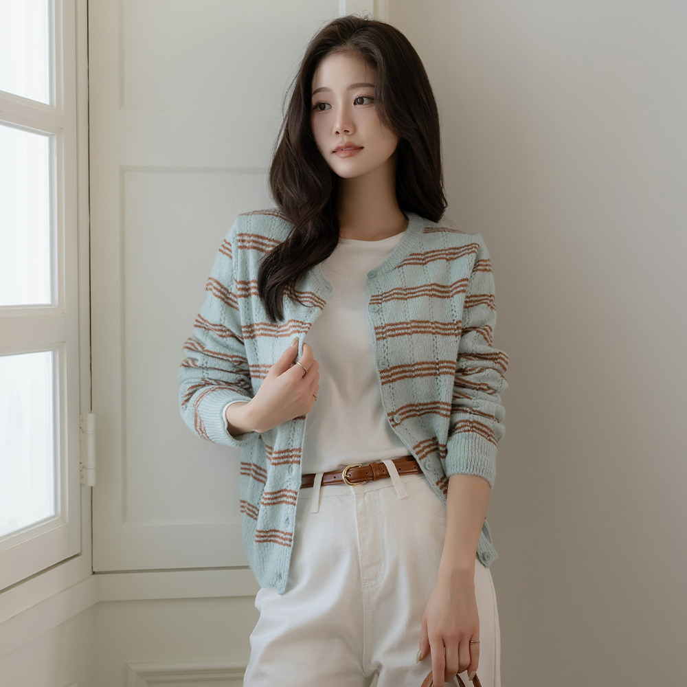 Mohair&Wool Stripe Punching Knit Cardigan