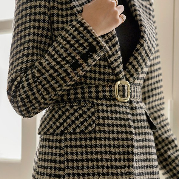 Official Hound's-Tooth Check Slim Fit Wool Jacket_Belt