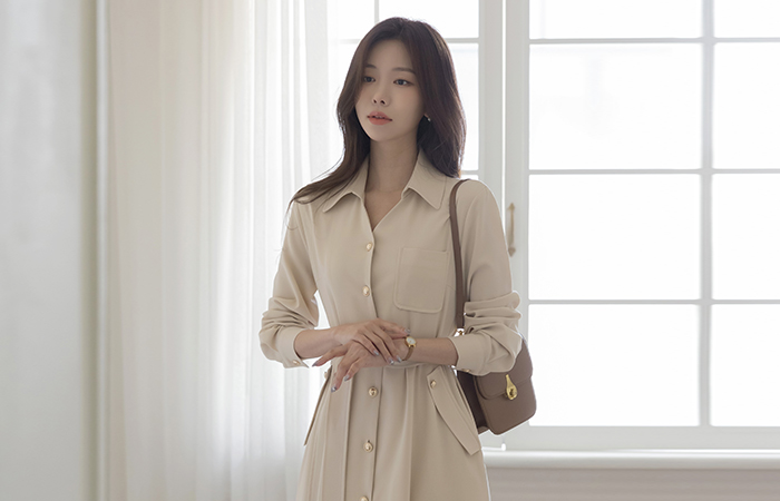 Collar Cutting-Neck Trench Style Dress(+Belt)