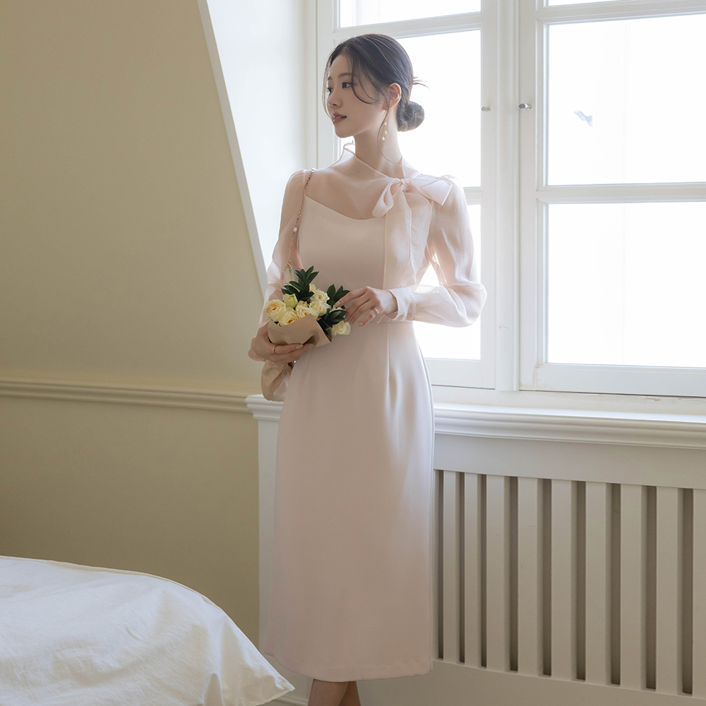 Romantic Ribbon neckline See-through Color Combination H-line Dress