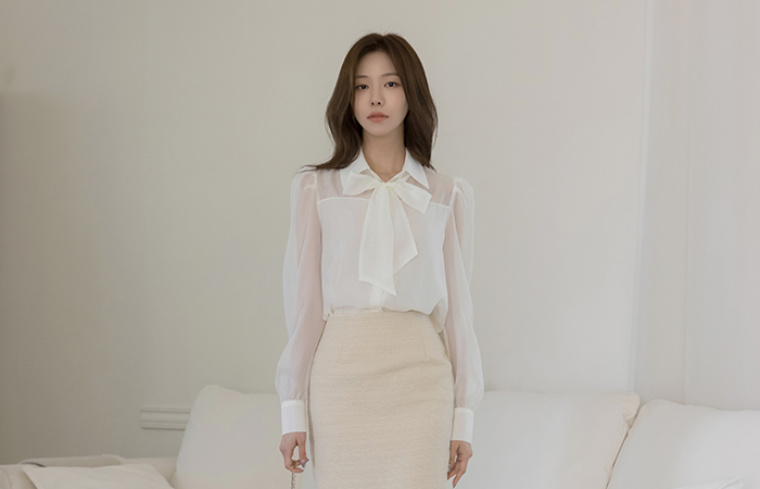 Polo Puff See-through Double Blouse(+Scarf)