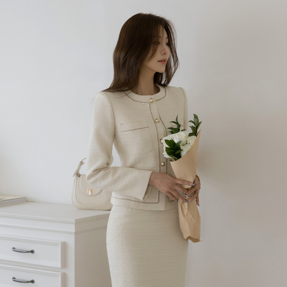 Line Color Combination Tweed Set-up Jacket