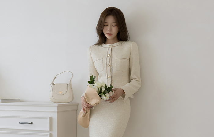 Line Color Combination Tweed Set-up Jacket