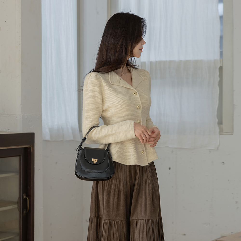 Open-Neck Peplum Puff Cardigan Knit