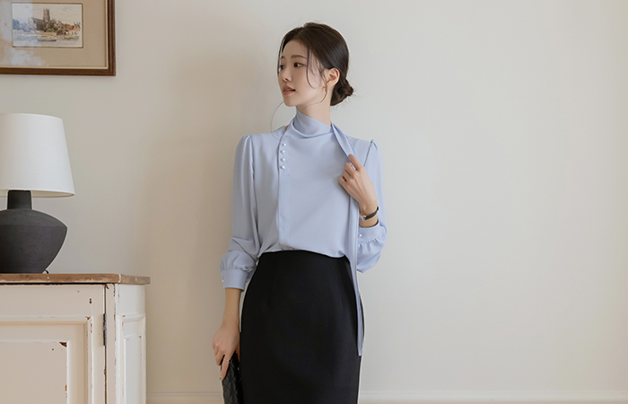 Feminine Scarf-Neck Pearl Blouse