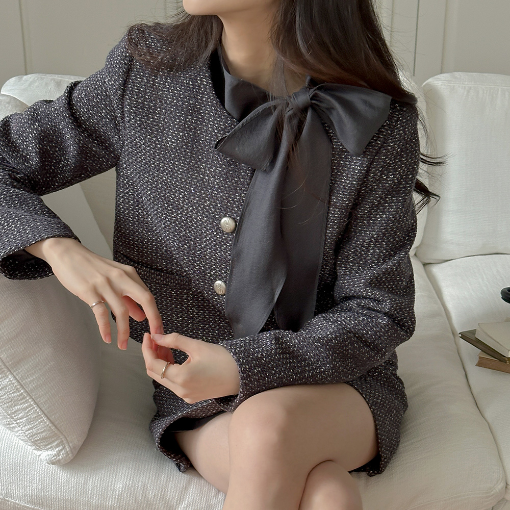 Raund neck Tweed Wool Set-up Jacket