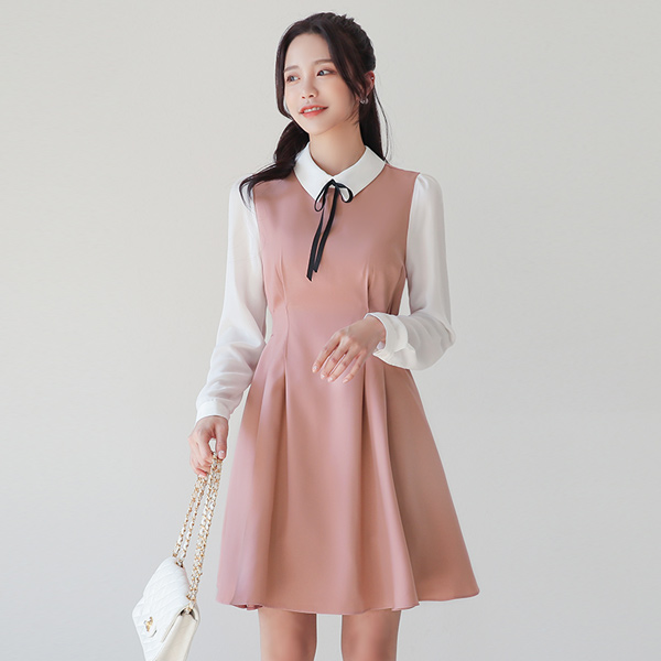 Ribbon-Tie Collar Color Combination Pintuck Flared Dress
