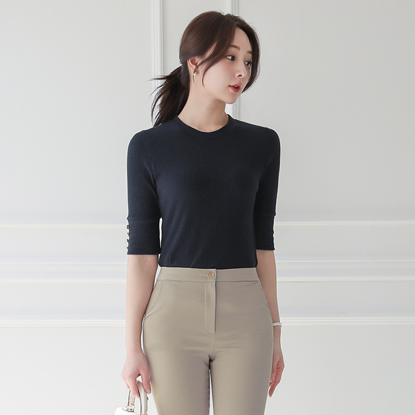 Gold Button Rounding Cutting Corduroy Knit T-shirt