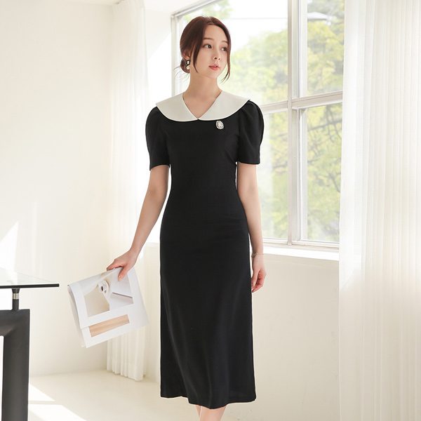 Classic Sailor Collar Color Combination Slim Long Dress