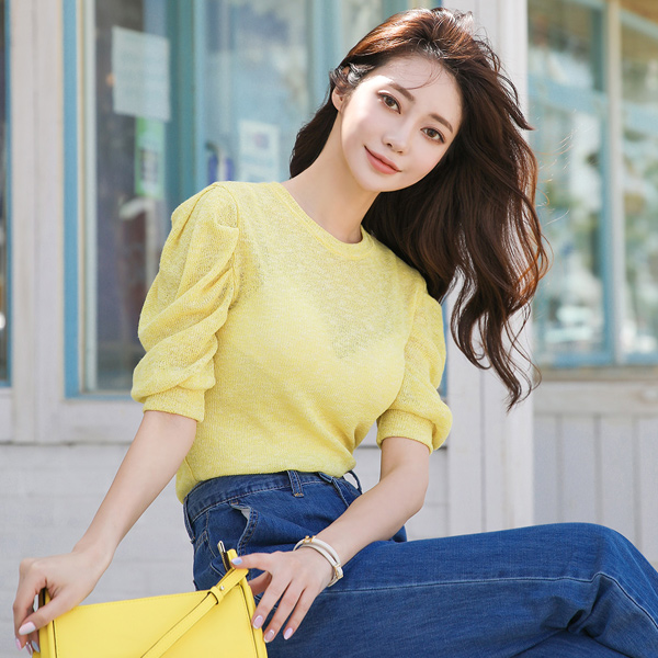 Summer Linen Shirring Puff Knit T-shirt