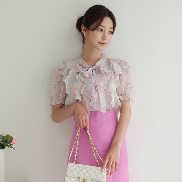 Double Ruffle Line Rose Tie Neck Blouse