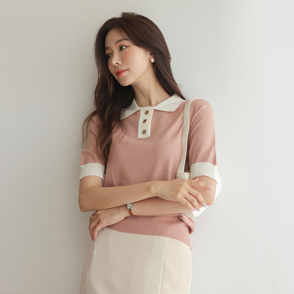 Gold Button Color Combination Collar Knit T-shirt