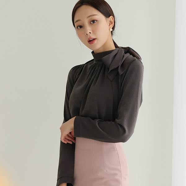 ODE Shirring Scarf-Neck Satin Blouse