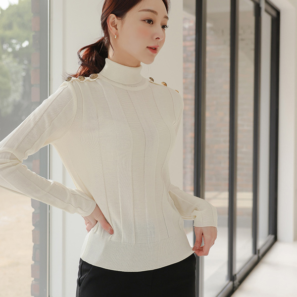 Turtleneck Shoulder Button Decoration Wide Corduroy Knit T-shirt