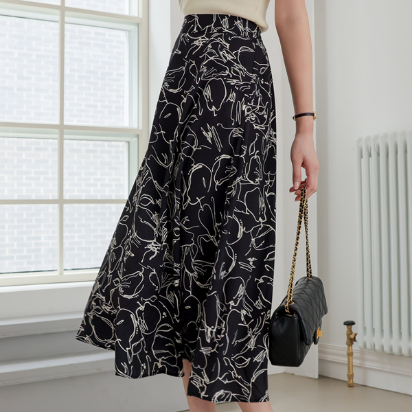 Drawing Color Combination Flared Long Skirt