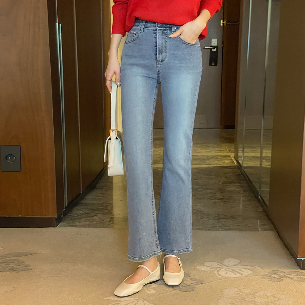 Stretchy-Waist Semi- Boot-Cut Span Denim Pants