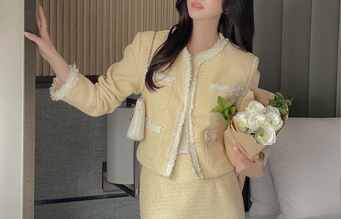 Tassel Color Combination Tweed Set-up Jacket