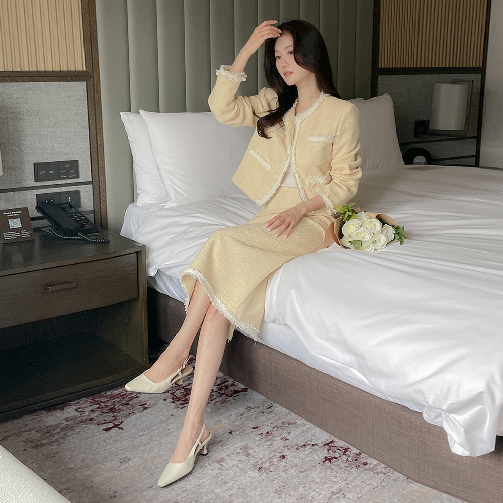 Tassel Color Combination H-line Tweed Set-up Skirt