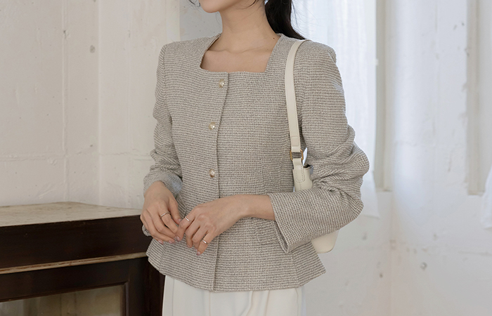 Square Neck Slim Fit Tweed Jacket