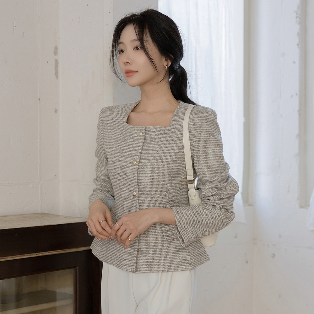 Square Neck Slim Fit Tweed Jacket