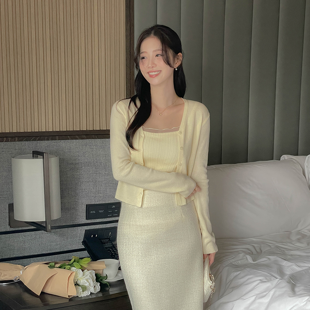 Tulle Color Combination Pad Embed Knit Strap Tank-Top&Cardigan SET