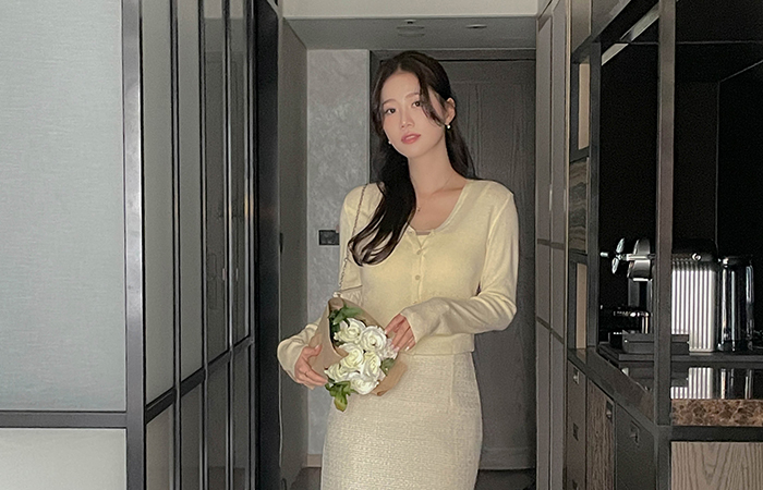 Tulle Color Combination Pad Embed Knit Strap Tank-Top&Cardigan SET