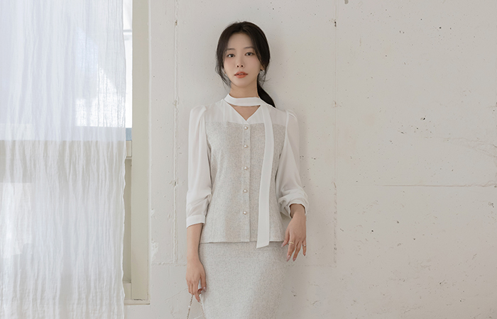 Jenny Tweed Color Combination Set-up Blouse(+Scarf)
