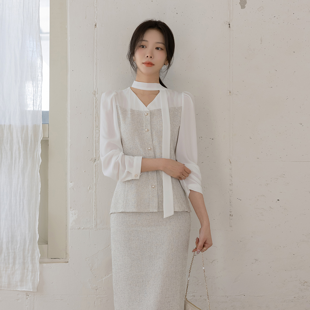 Jenny Tweed Color Combination Set-up Blouse(+Scarf)