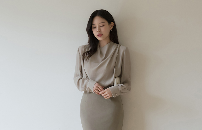 Scarf-Neck See-through Long-sleeve Blouse