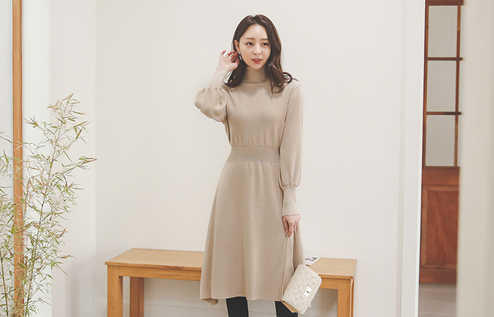Turtleneck Bishop-Sleeve Flared Knit Dress