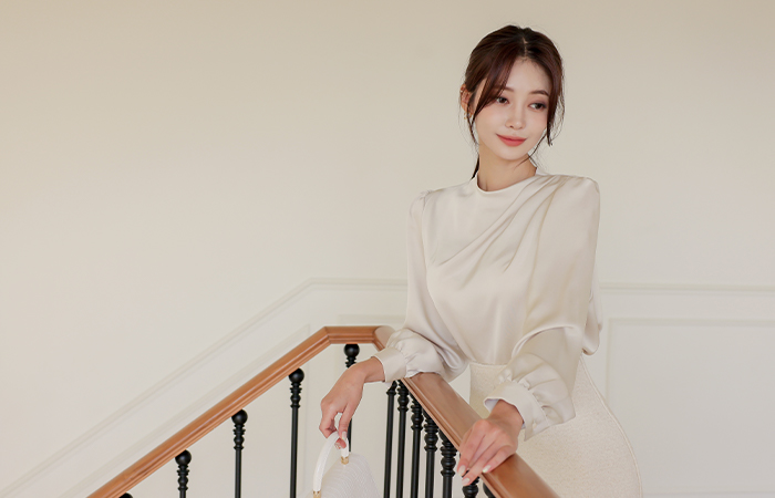 High-Neck Satin Drape Blouse