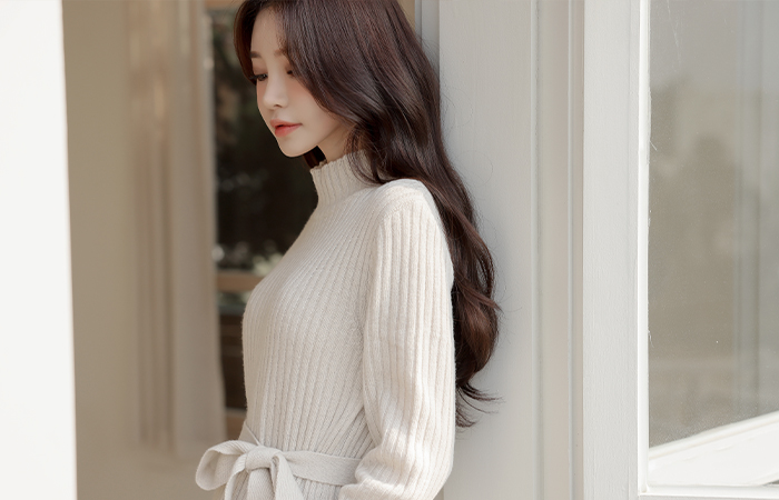 a half-turtleneck line Fine Wool Corduroy Knit Long Dress