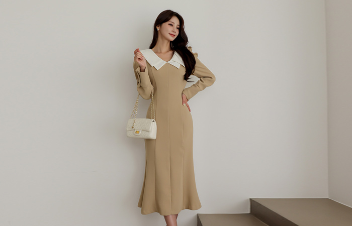 Wide Double Collar Color Combination Mermaid Dress