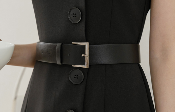 Modern Button Unbalance Sleeveless shirts H-line Dress_Belt