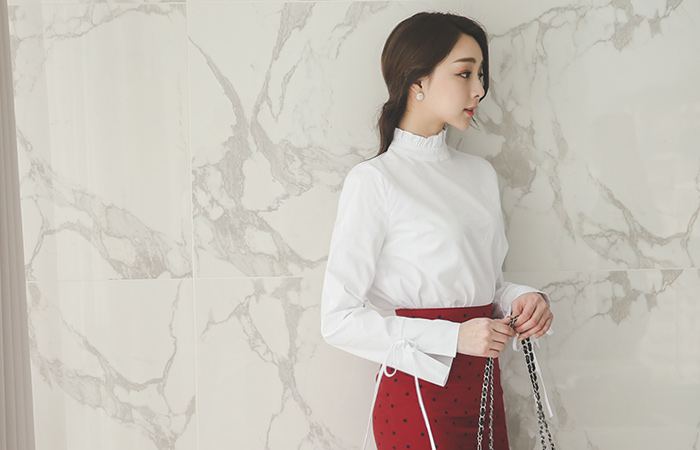 Frill Neck Ribbon Cotton Blouse Cuff