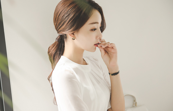 Shirring Neck Ruffle Sleeve Chiffon Blouse